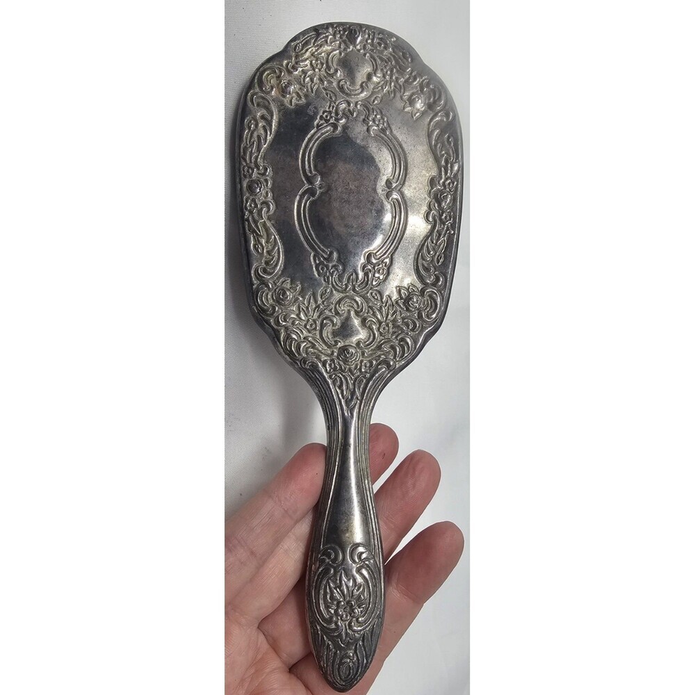 Vtg Silverplate Vanity Set 8" Brush & 9" Hand Mirror Floral Ornate Design Heavy - Picture 6 of 13